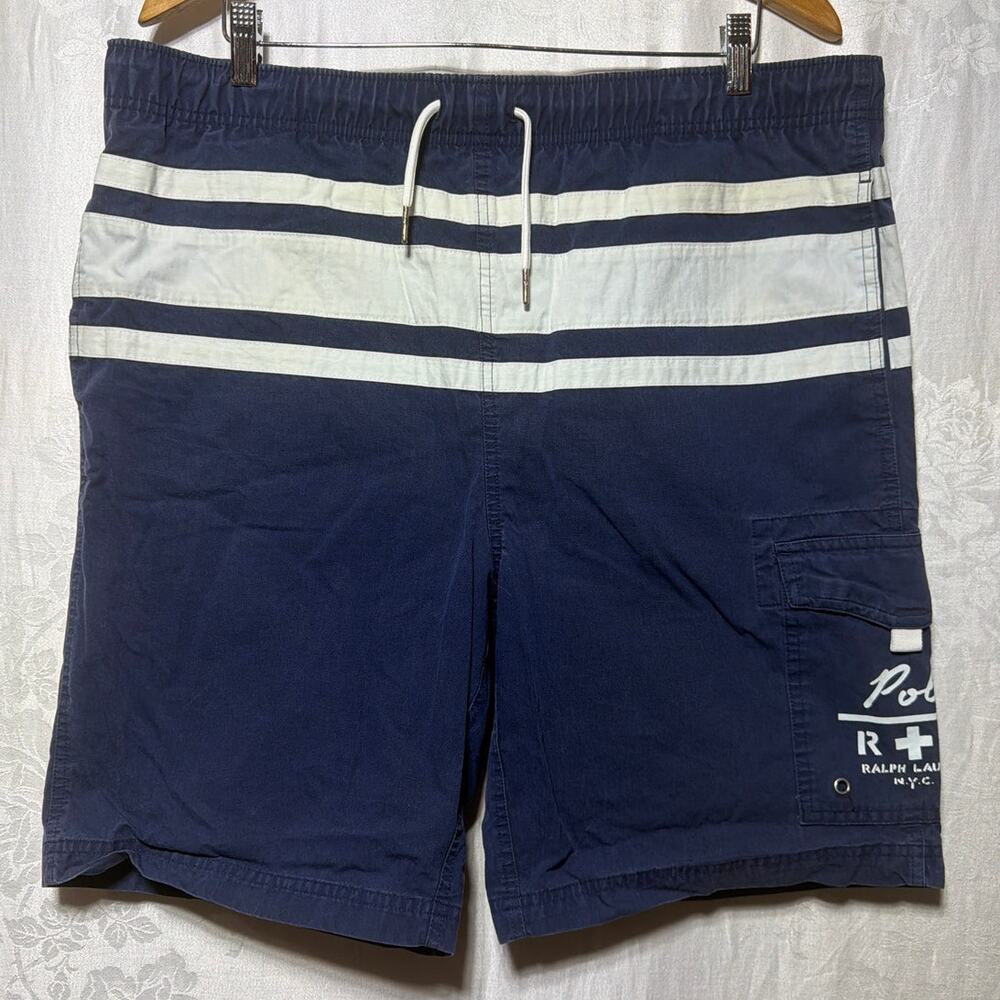 VTG Polo Ralph Lauren Swim Trunks Med Navy Blue White Striped Drawstring Mesh